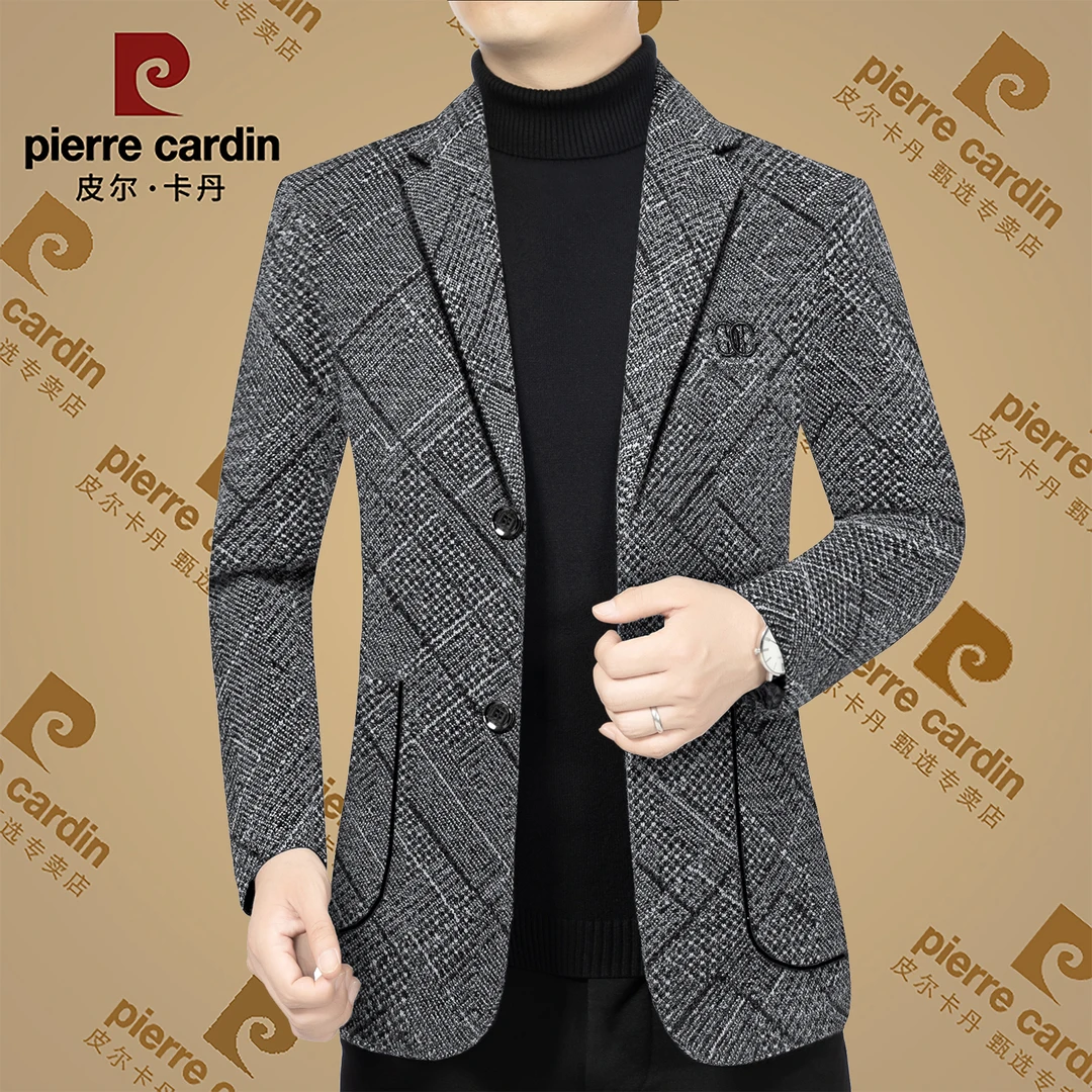 皮尔卡丹秋冬季高档男士休闲加绒西服加厚保暖修身西装爆款外套男