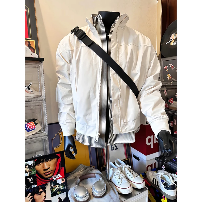 cleanfit米白色立领短款外套男秋冬痞帅高级感飞行员夹克棒球棉服