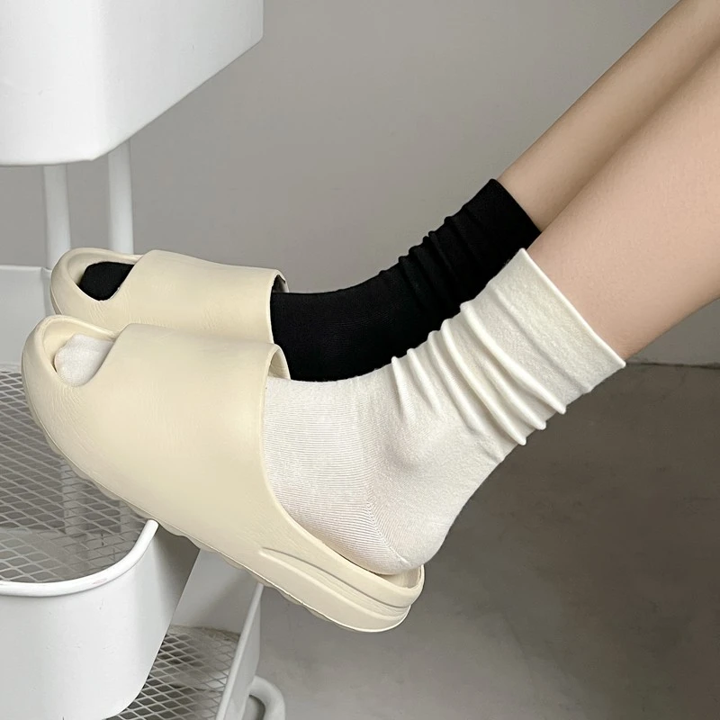 白色无骨堆堆袜子女春秋款纯棉防臭吸汗透气月子袜搭配小皮鞋夏天