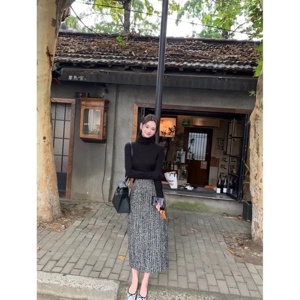JING【反转巴黎】2024秋季新款高级感气质百搭粗花呢半身裙