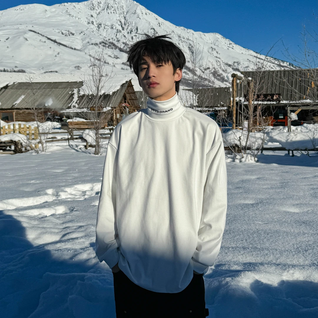 S123【热力绒2.0】美式休闲字母刺绣半高领打底衫T恤男女内搭长袖潮