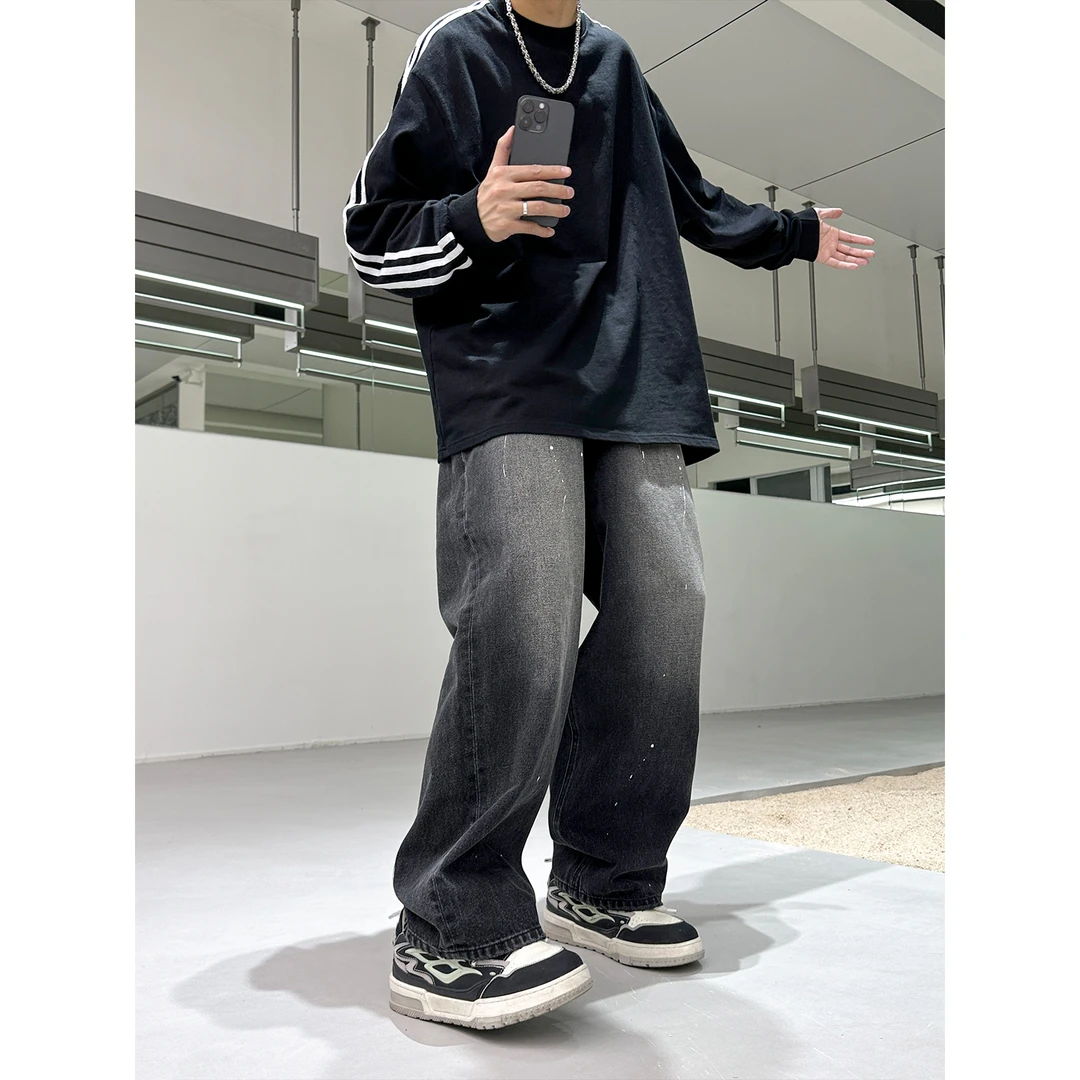 聪明陈 小众设计泼墨水洗牛仔裤宽松美式直筒休闲长裤男40129