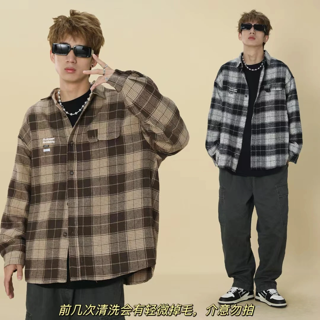 聪明陈 日系复古格子衬衫男春季潮流美式宽松长袖大码ins衬衣潮