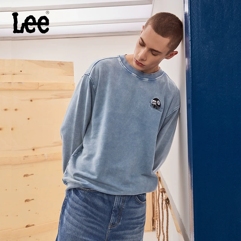 Lee秋冬舒适版圆领浅蓝色扎染效果男卫衣休闲LMT009052204