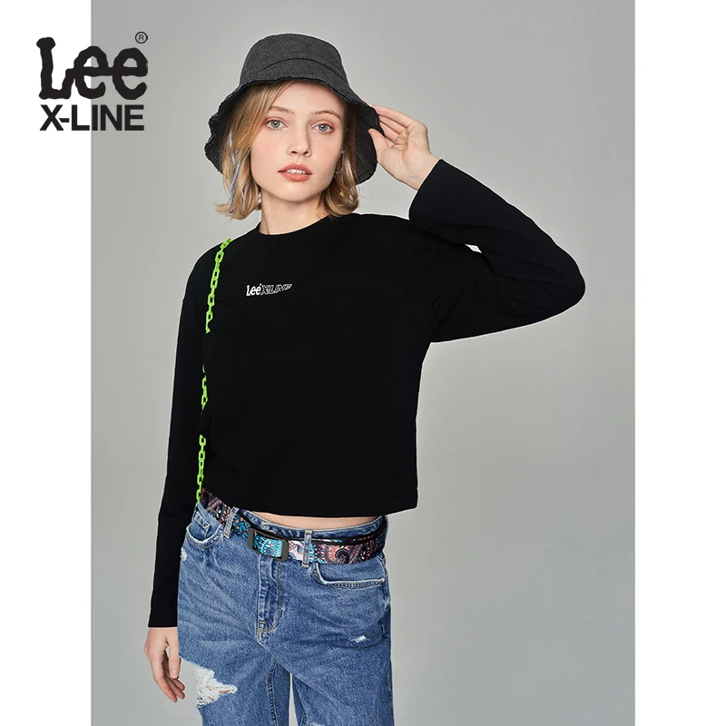 Lee舒适版短款黑色女圆领长袖T恤潮流休闲户外