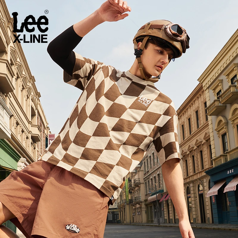 LeeOversize格纹男女同款短袖T恤户外时尚潮流
