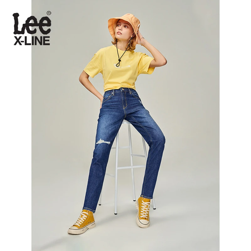 Lee413高腰显瘦标准破洞女士牛仔裤时尚潮流百搭