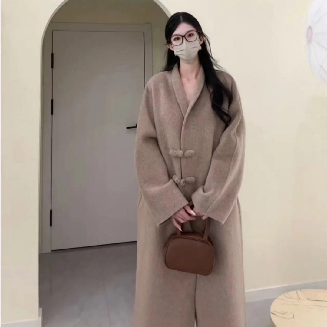 新中式盘扣双面毛毛大衣女长款2024秋冬款