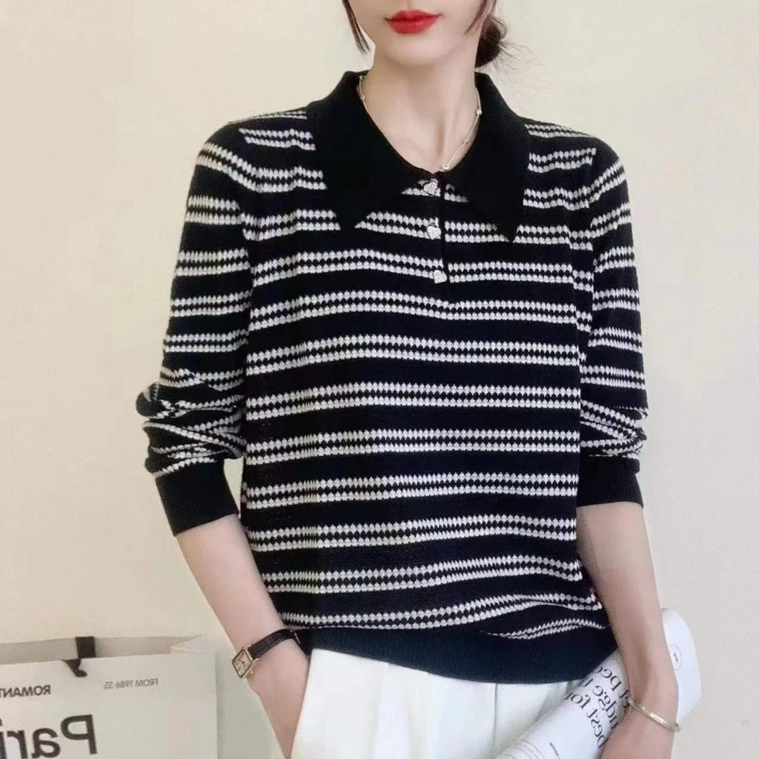polo领长袖针织衫女毛衣撞色设计感小众打底衫内搭条纹显瘦上衣潮