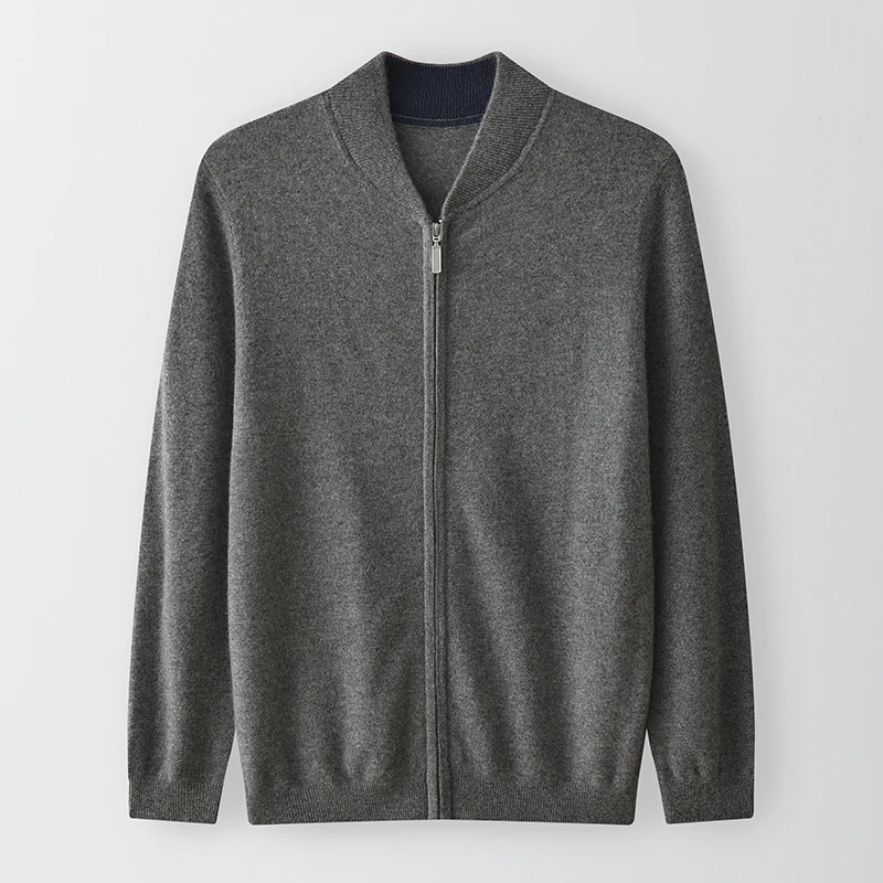 鄂家同款~男士山羊绒棒球领拉链开衫秋冬长袖百搭外套纯色休闲