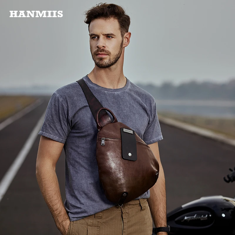 HANMIIS头层牛皮斜挎包植鞣真皮胸包机车骑行包男士休闲小众皮包