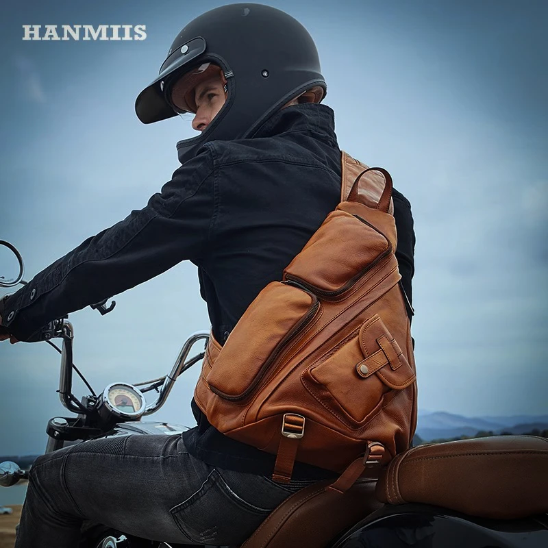 汉名仕 B6伞兵 头层牛皮三角胸包  真皮复古男士单肩斜挎骑行男包