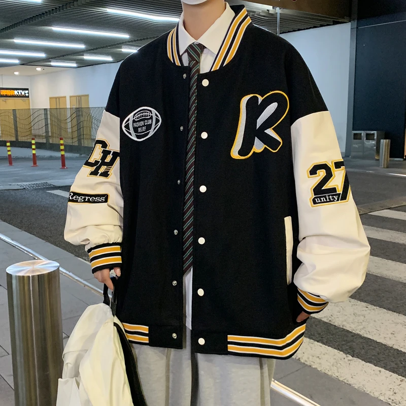 美式棒球服男士春秋季2024新款宽松潮牌青少年休闲夹克外套