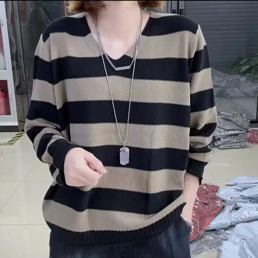 2024年新款V领长袖百搭拼色宽条纹休闲打底针织衫秋季显瘦宽松