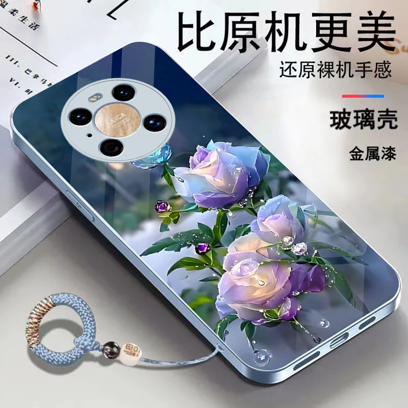 适用华为Mate40 Pro 鲜花液态玻璃手机壳 时尚挂绳