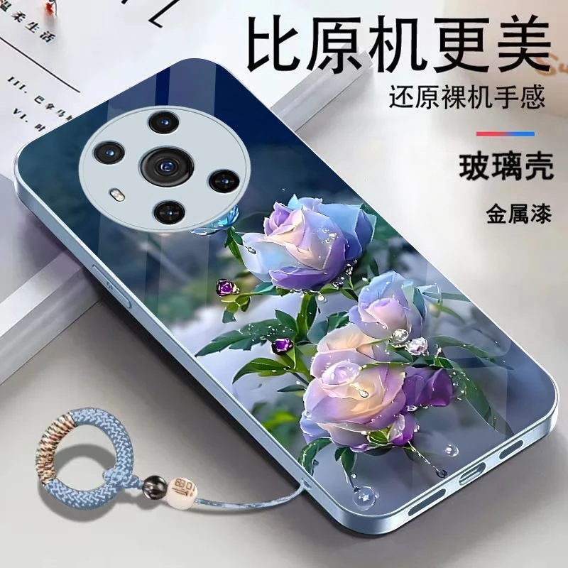 【荣耀Magic3】鲜花金属漆玻璃手机壳 时尚送挂绳 全包防摔耐脏