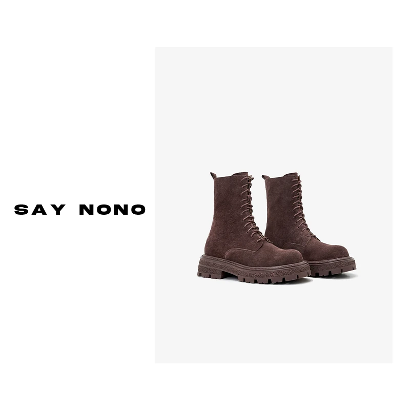 Say nono 厚底增高磨砂感高斯牛反绒真皮防滑女士马丁靴4cm