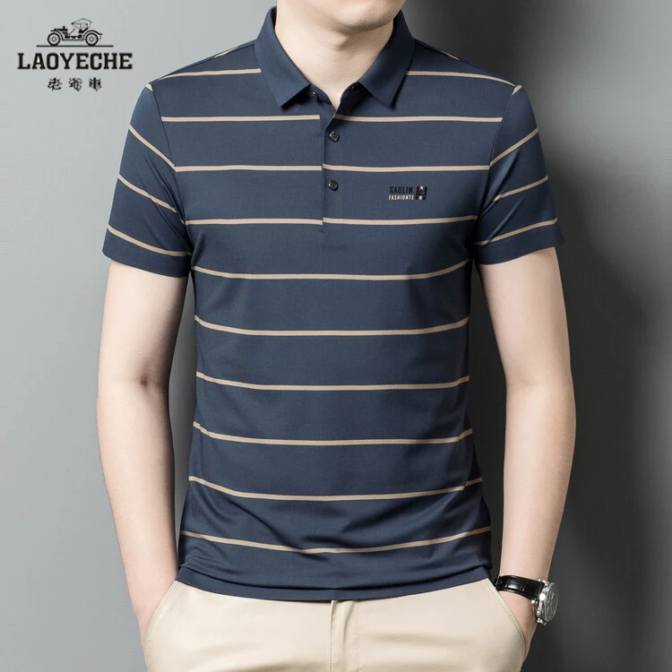 老爷车正品短袖t恤男士冰丝夏季薄款体恤衫中年条纹半袖polo衫男