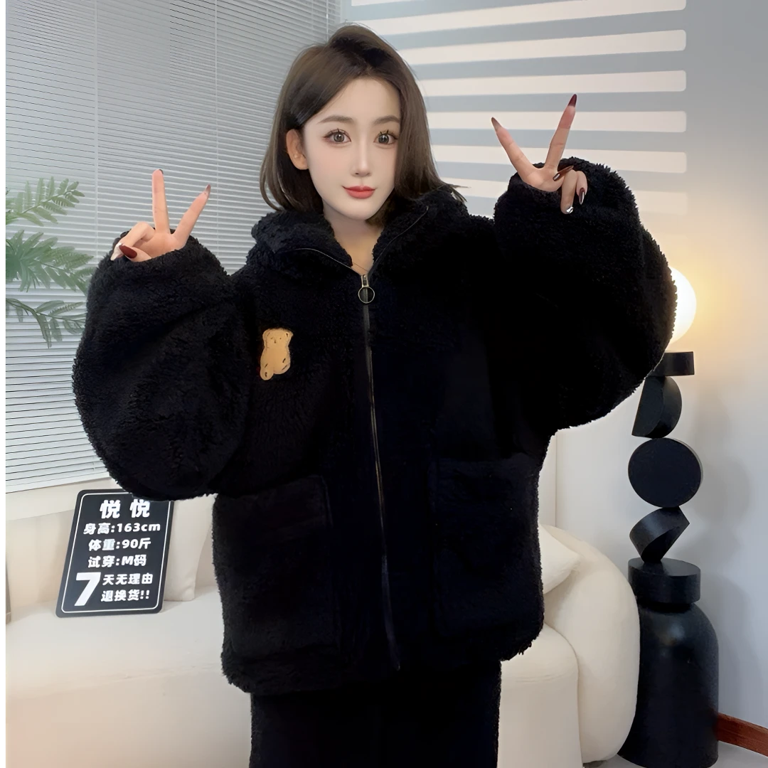 【加厚一整套】高级黑熊宝宝加绒加厚连帽情侣款宽松睡衣家居