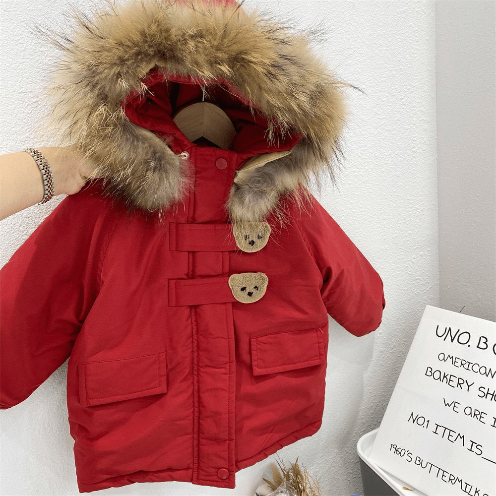 【小扬哥推荐】男女童加厚加绒派克服2023冬季新款连帽毛领棉服红