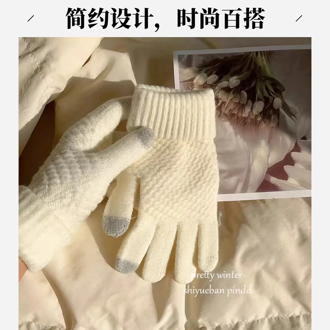 手套女冬季毛线可触屏保暖护手防风学生手套骑车加绒防寒日系纯色
