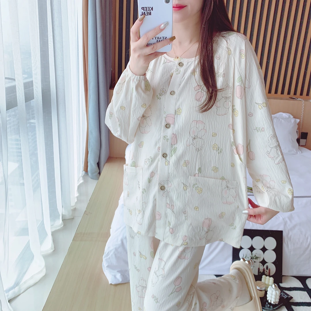 【绉绉纯棉-带胸垫】月子服夏季薄款孕妇喂奶哺乳产后宽松产妇睡衣