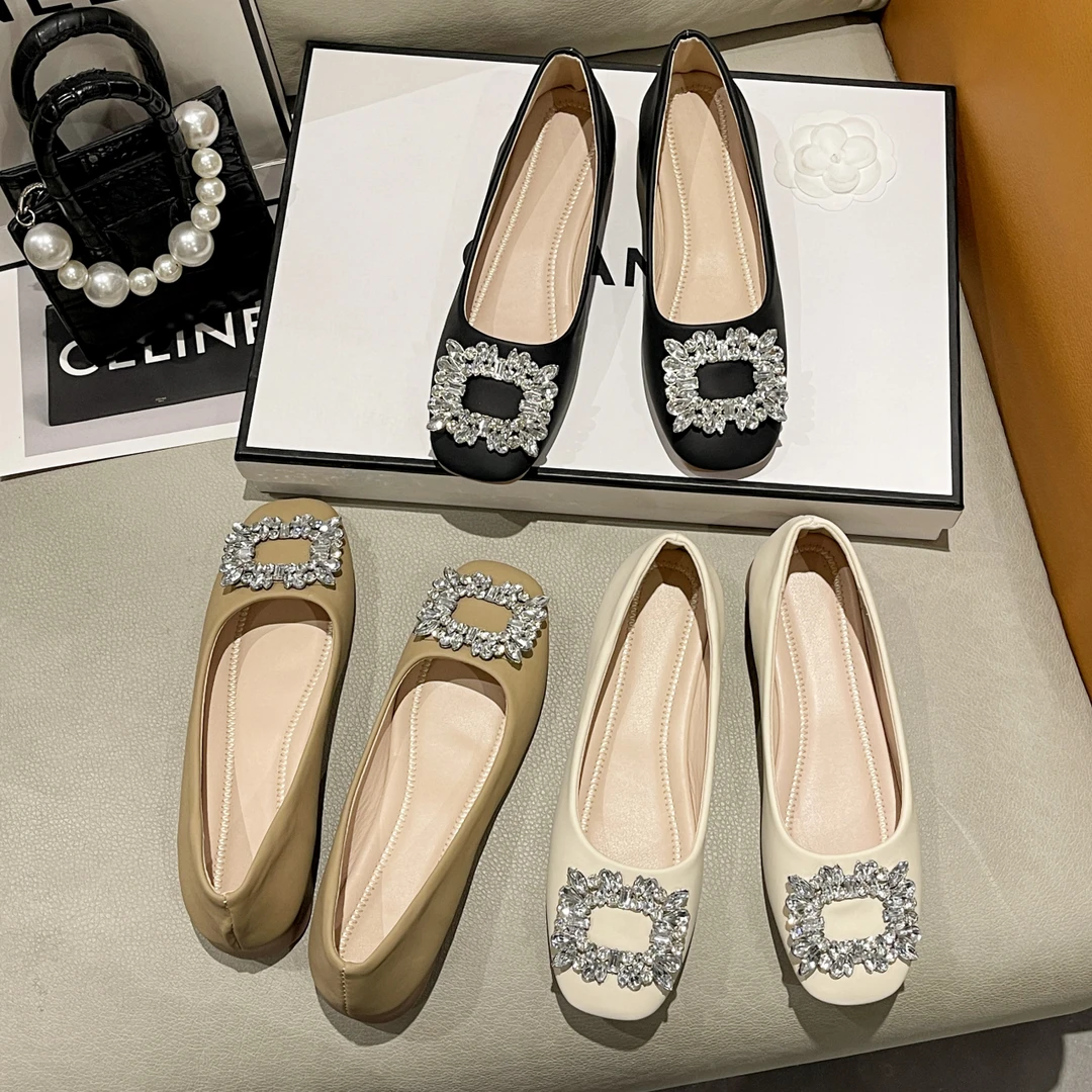 网红浅口单鞋2024春夏软底舒适方头豆豆鞋百搭水钻方扣一脚蹬单鞋