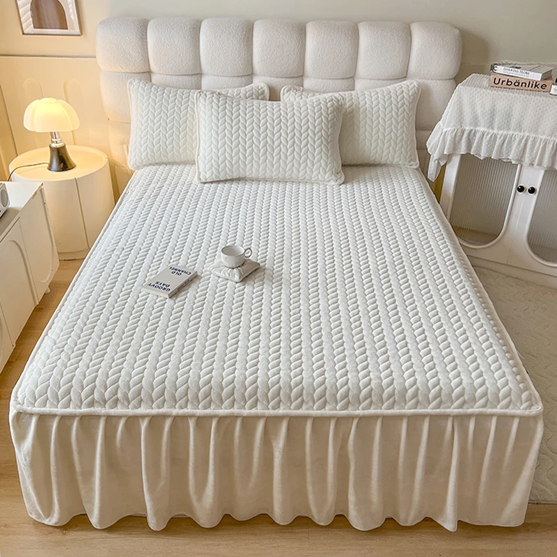 冬季加厚抗菌牛奶绒夹棉床裙床盖珊瑚绒裙边防滑床单炕盖床罩单件