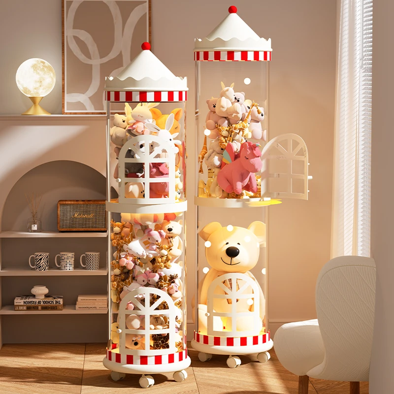 聚可爱开门款娃娃收纳桶儿童毛绒玩具整理筐透明玩偶桶放公仔神器