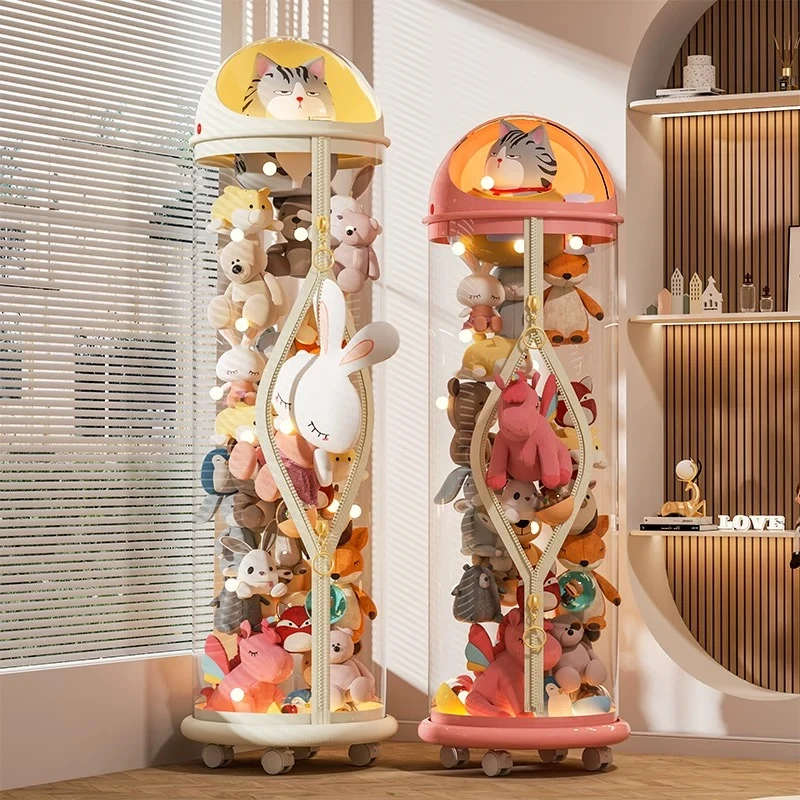 娃娃收纳桶家用大容量透明带拉链毛绒玩具整理神器儿童公仔玩偶筒