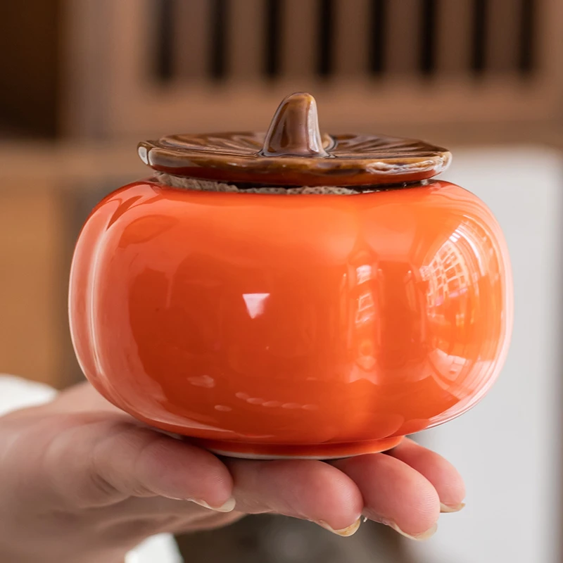 柿柿如意陶瓷茶叶罐便携式带盖密封罐  事事如意储存茶叶罐伴手礼