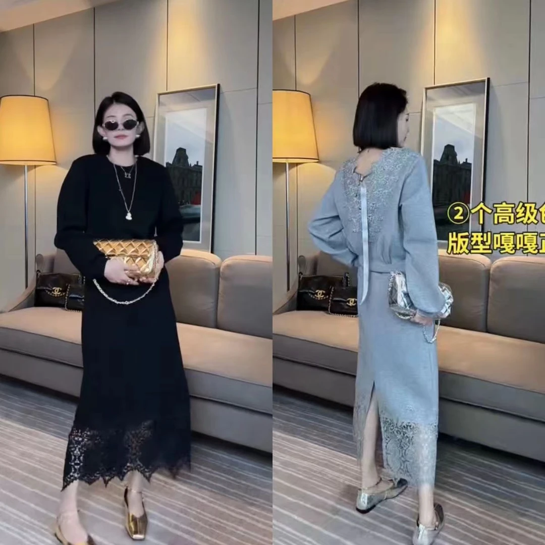 韩版洋气时尚套装裙女2024春秋新款拼接蕾丝半身裙宽松遮肉卫衣潮