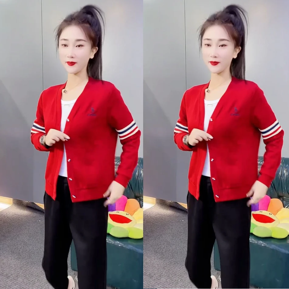 2024秋季新款显瘦彩色织带字母刺绣V领百搭洋气长袖开衫上衣春秋