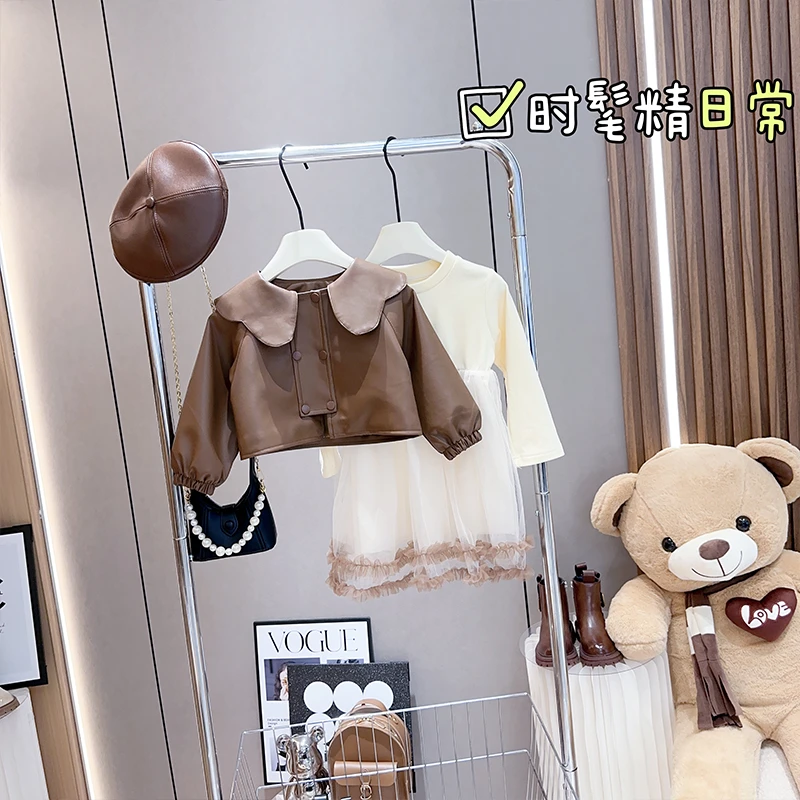 女童秋装连衣裙2023新款洋气翻领女孩礼服儿童网纱公主裙套装秋季