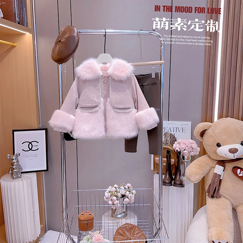 女童毛毛衣外套冬季2023新款冬装小童草草儿童装加绒加厚派克服