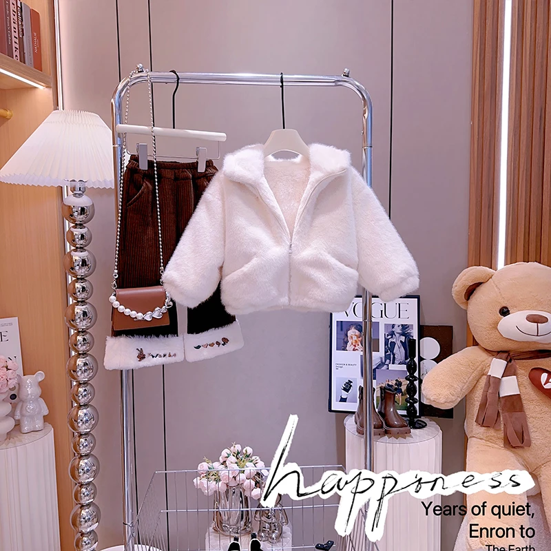 女童连帽毛毛外套冬装2024新款儿童加绒上衣小女孩加厚保暖外套