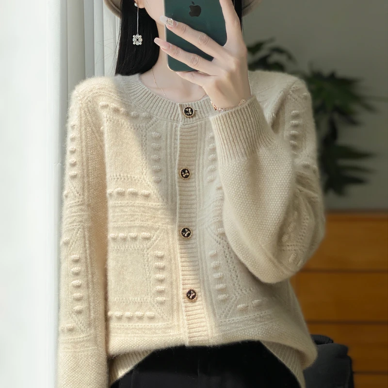 重磅加厚100纯羊毛衫女开衫圆领宽松加厚秋冬新款针织衫毛衣外套