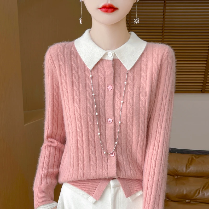 【热卖推荐】100纯羊毛衫女开衫POLO领拼色宽松时尚针织衫毛衣外套