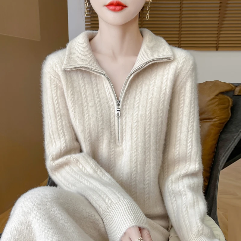 秋冬款半拉链立领100羊毛衫女麻花加厚宽松慵懒扭花针织打底上衣