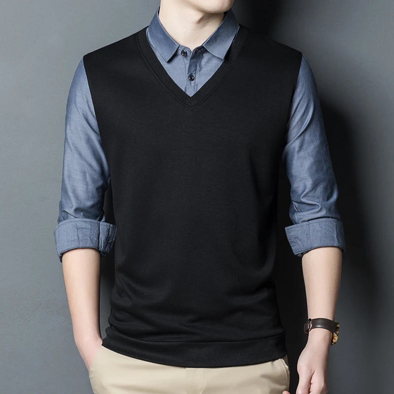 秋季男式长袖T恤假两件款式