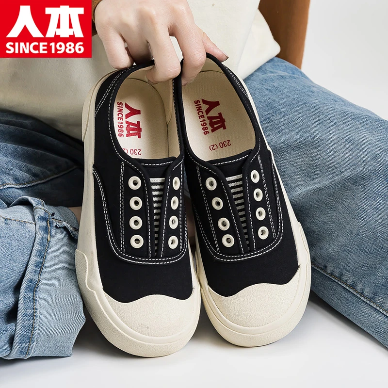人本一脚蹬女秋季套脚透气懒人板鞋百搭黑色上班工作帆布鞋乐福鞋