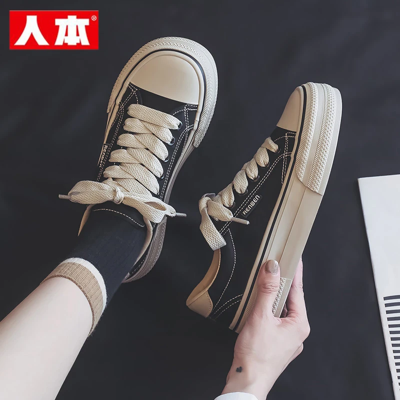 人本女鞋帆布鞋2025秋季新款百搭厚底休闲板鞋复古松糕运动鞋子女