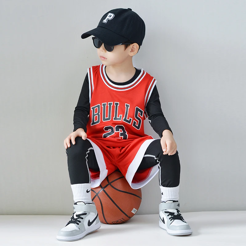 春秋冬款儿童篮球服套装公牛队23号球衣男女童运动速干保暖紧身衣
