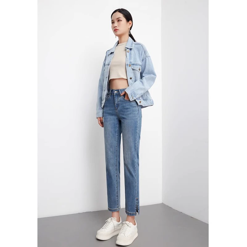 直筒牛仔裤女高腰九分宽松2025春夏新款蓝色开叉百搭烟管修身显瘦
