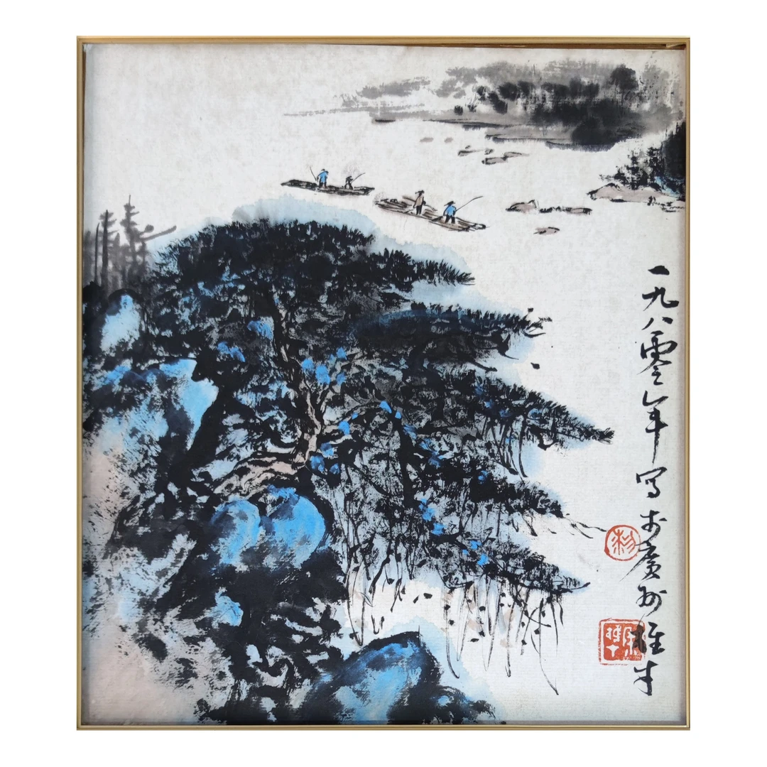 库出 《江边渔夫》镜框设色纸本 尺寸约0.5平尺 23.5x26.5cm