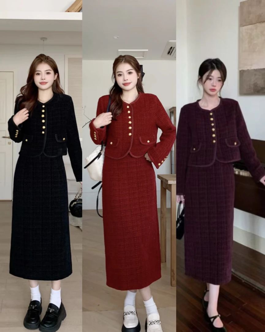 胖mm大码女装120-140斤小香风遮肉气质显瘦遮肚半身裙套装 1187