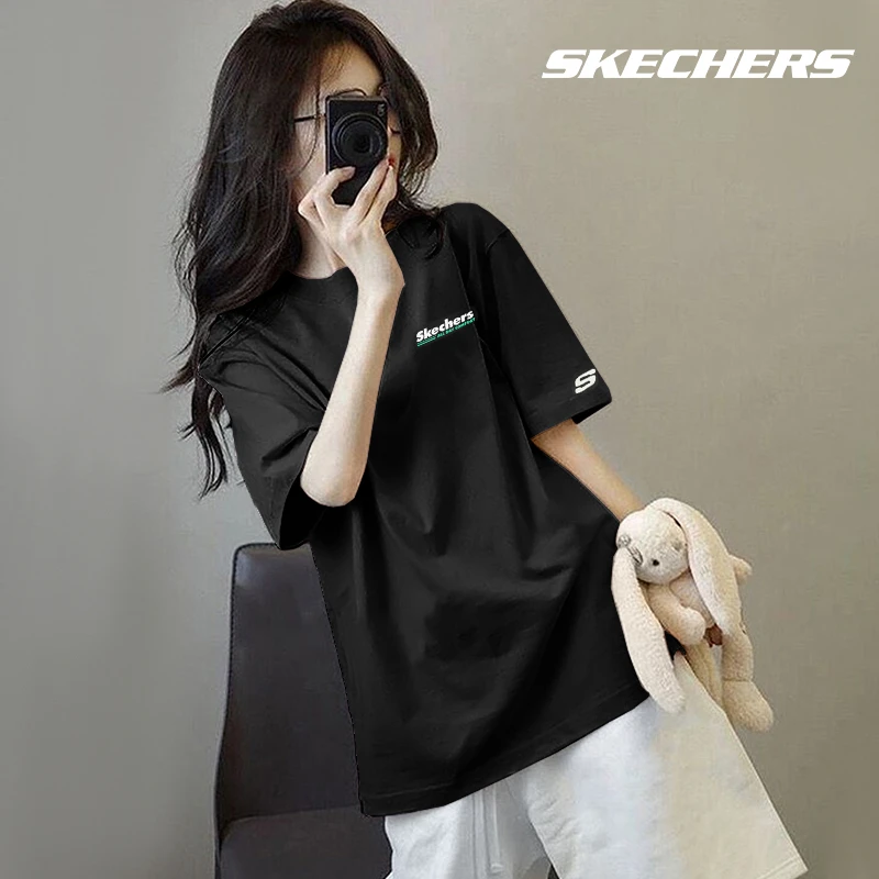 斯凯奇纯棉短袖T恤女圆领棉t夏季百搭半袖休闲显瘦韩版黑色上衣女