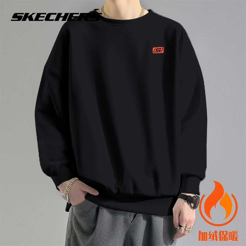 斯凯奇春季加绒卫衣男式宽松休闲圆领套头保暖长袖外套衫官方正品