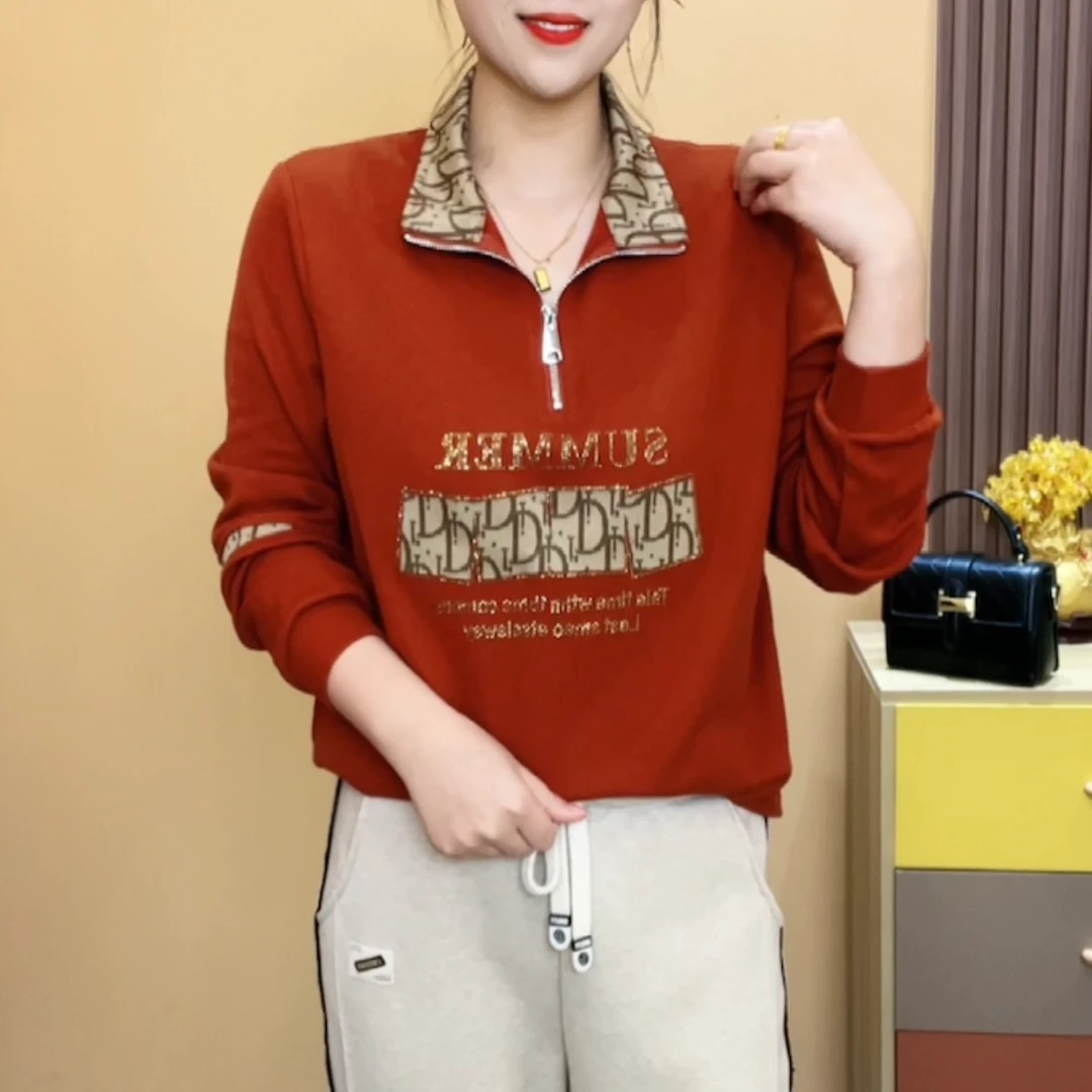 2025显瘦休闲时尚百搭拉链烫钻宽松女士上衣小衫#717长袖洋气