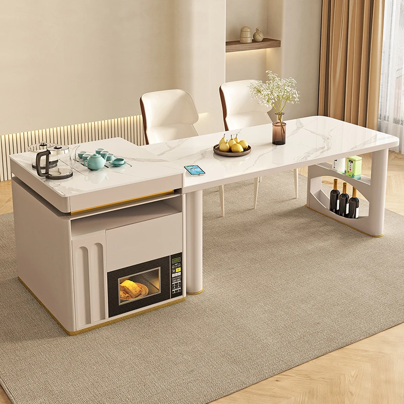 轻奢家用饭桌法式奶油风岩板岛台餐桌一体餐厅可移动两用吃饭桌
